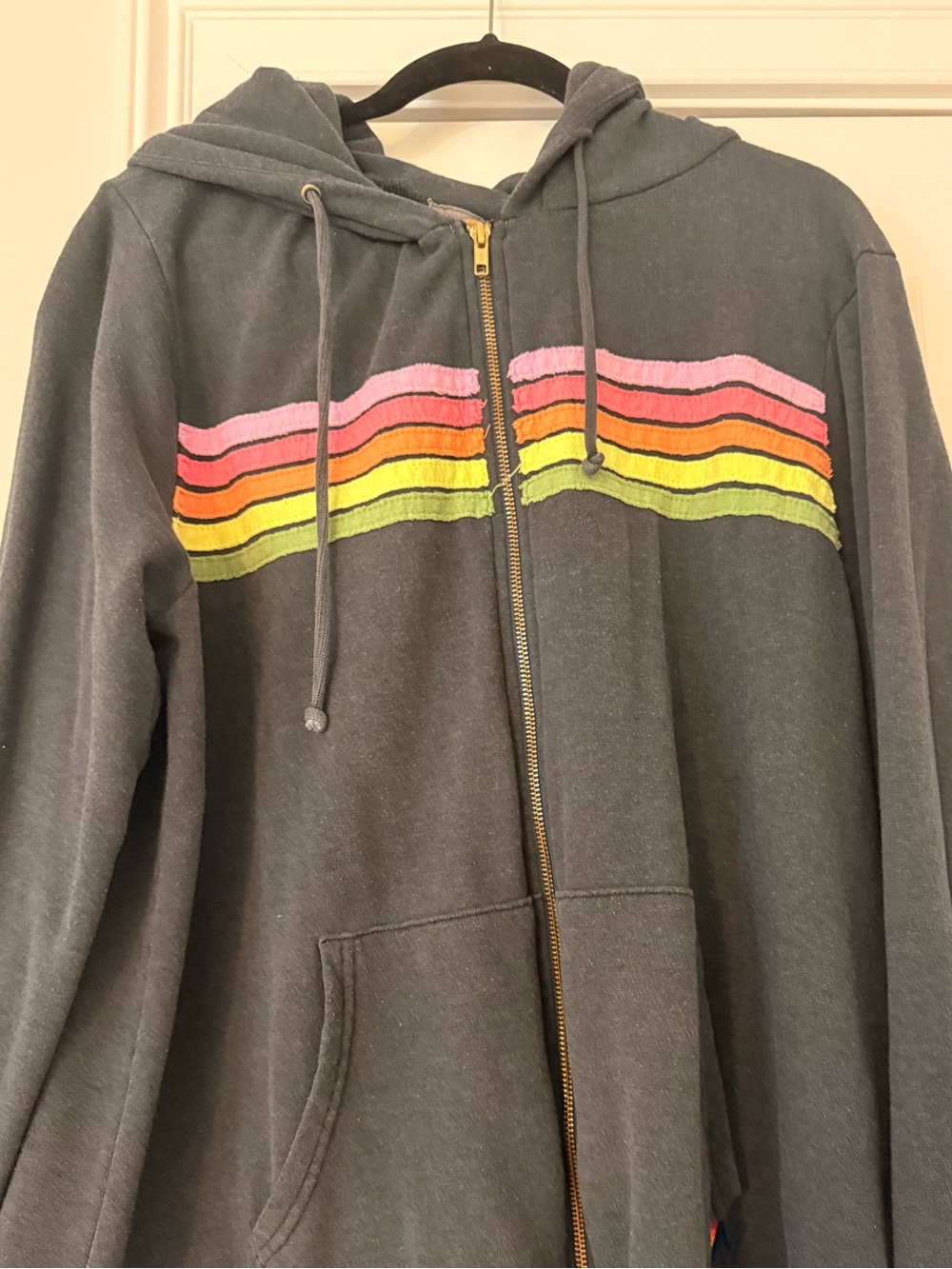 Aviator Nation Charcoal Zip Hoodie and sweatpants set  with Retro Rainbow Stripe